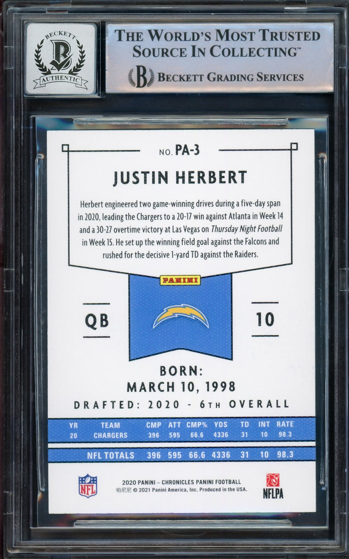 Justin Herbert Auto 2020 Chronicles Panini Pink Parallel RC PA-3 Sig 10 Beckett