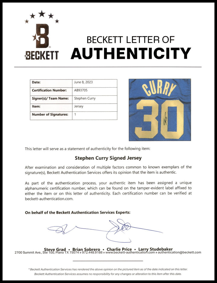 Warriors Stephen Curry Auto Blue Jordan Statement Edition Jersey Size 48 Beckett