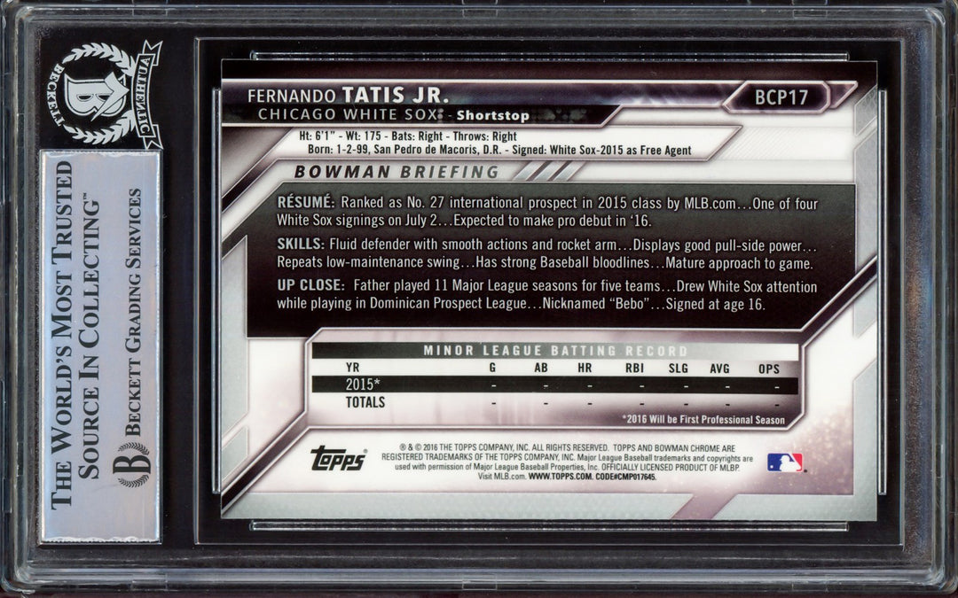 Fernando Tatis Jr. Signed 2016 Bowman Chrome Prospects RC BCP17 Padres Beckett