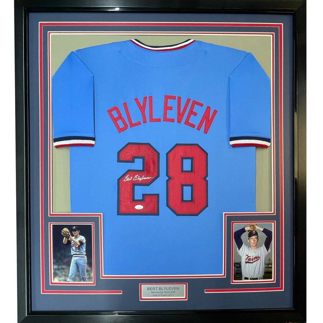 Framed Autographed/Signed Bert Blyleven 35x39 Light Blue Jersey JSA COA