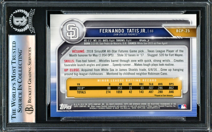 Fernando Tatis Jr. Signed 2019 Bowman Chrome Prospects RC #BCP25 San Diego