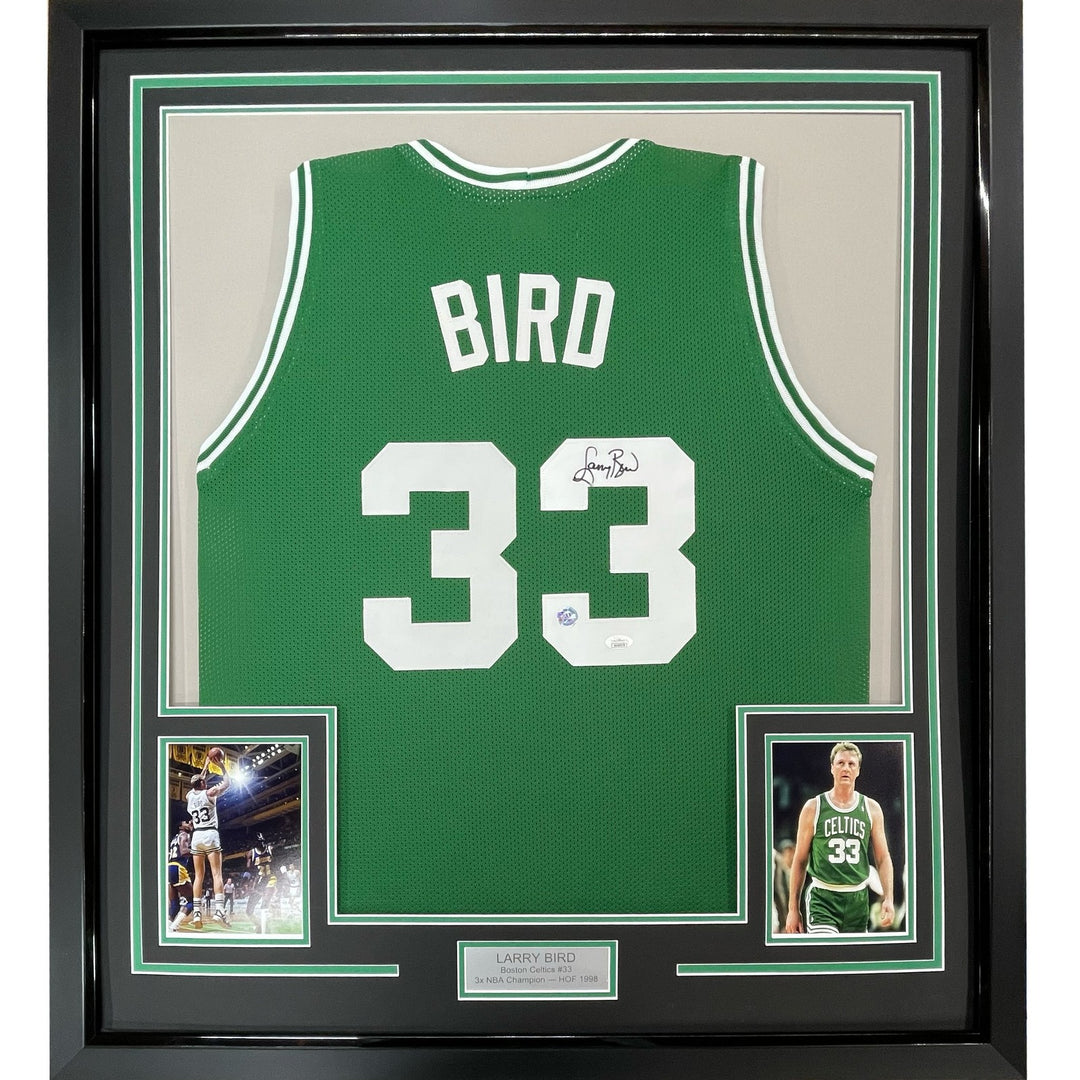 Framed Autographed/Signed Larry Bird 35x39 Boston Green Jersey PSA/DNA COA