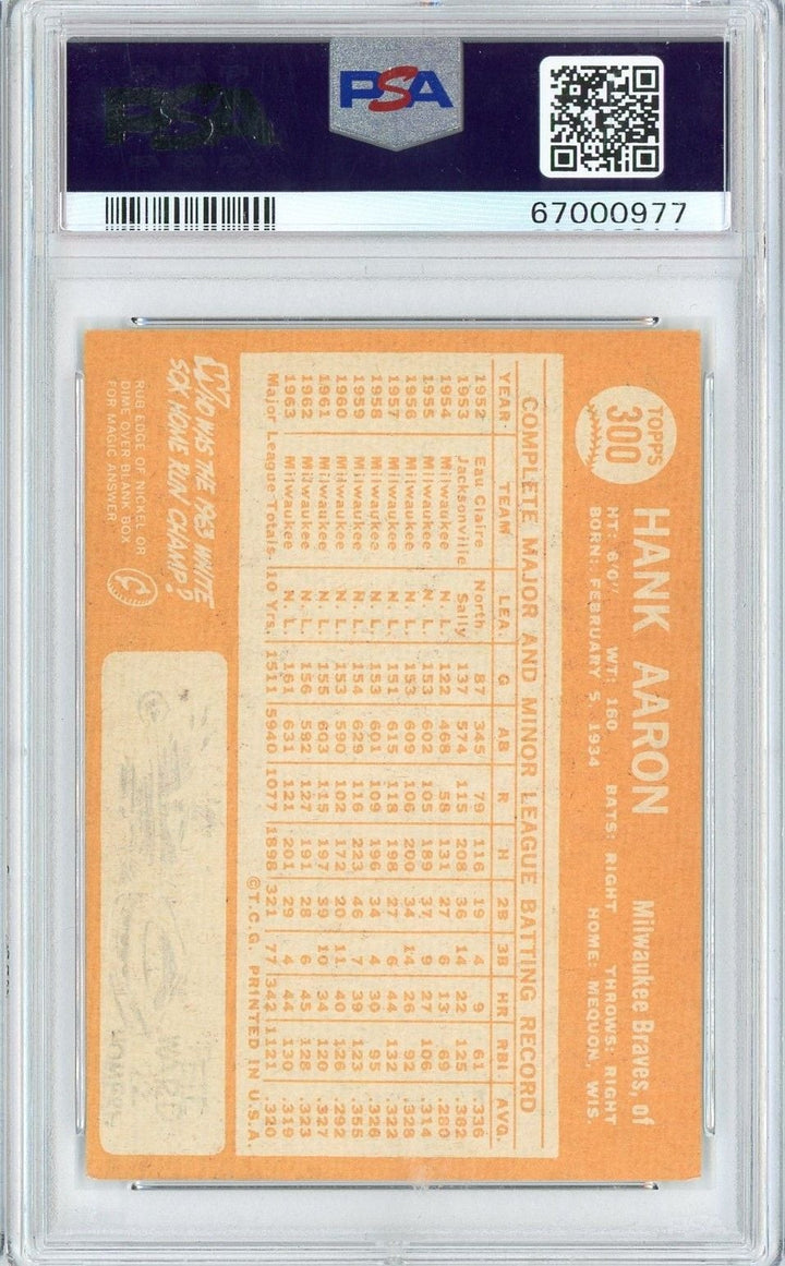 Graded 1964 Topps Hank Aaron #300 Baseball Card PSA 4 VG-EX