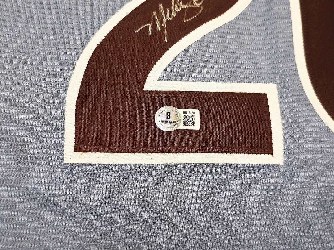 Phillies Mike Schmidt Signed Light Blue Throwback Nike Jersey Size XL Beckett