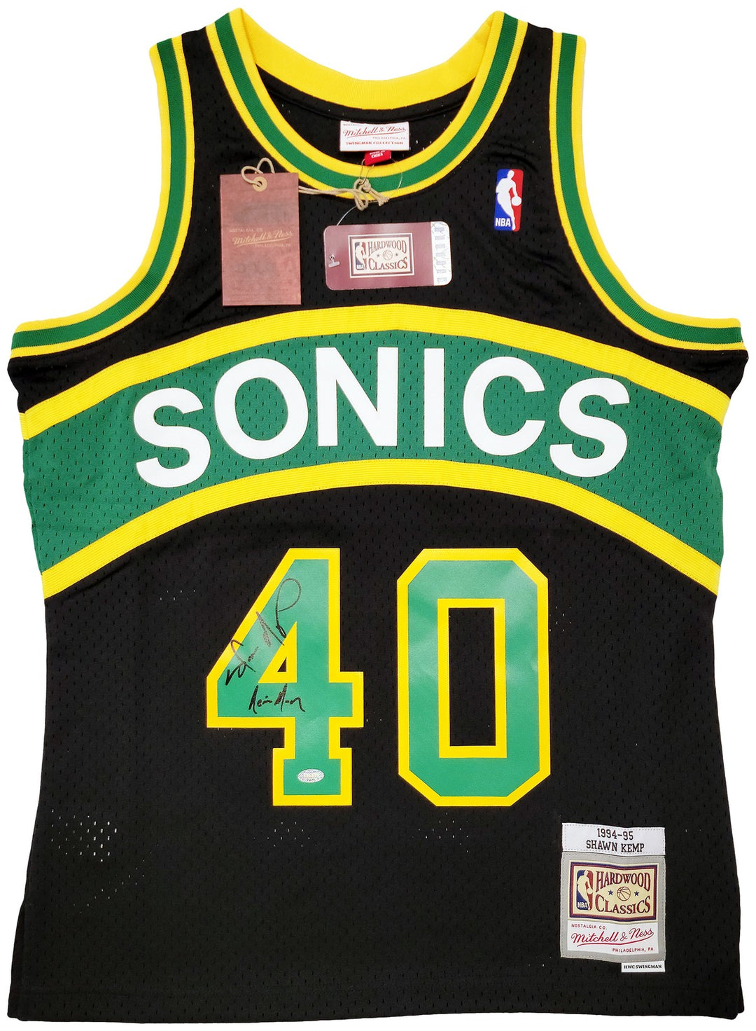 Sonics Shawn Kemp Auto Black Mitchell Ness HWC Swingman Jersey M Reign Man