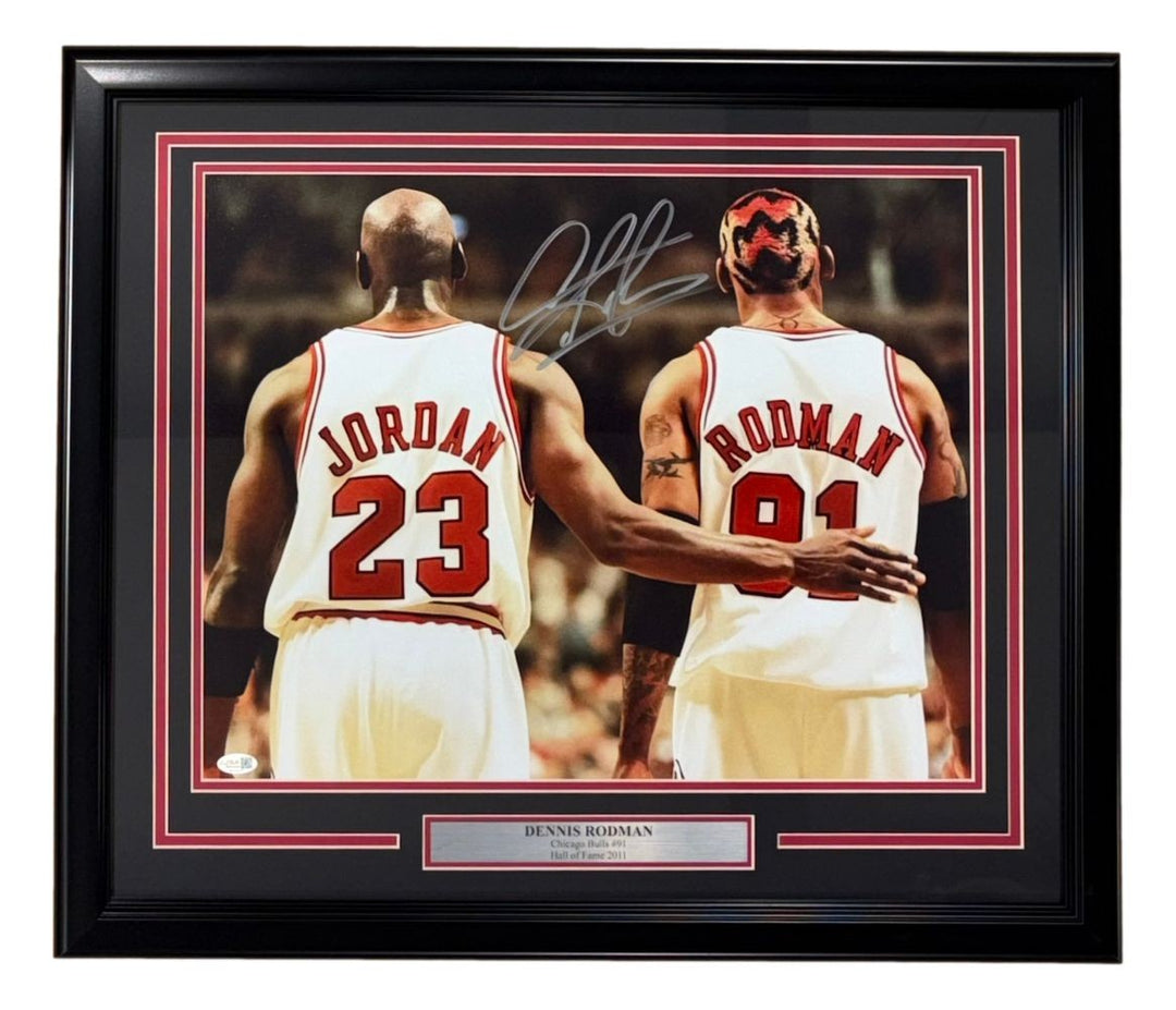 Dennis Rodman Signed Framed 16x20 Chicago Bulls Photo w/ Michael Jordan JSA QR