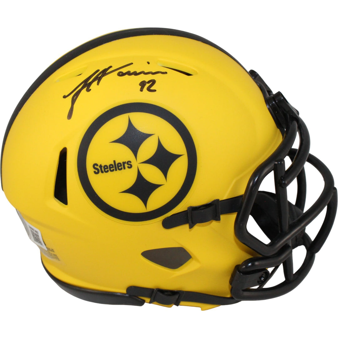 James Harrison Autographed Pittsburgh Steelers Rave Mini Helmet Beckett 53625
