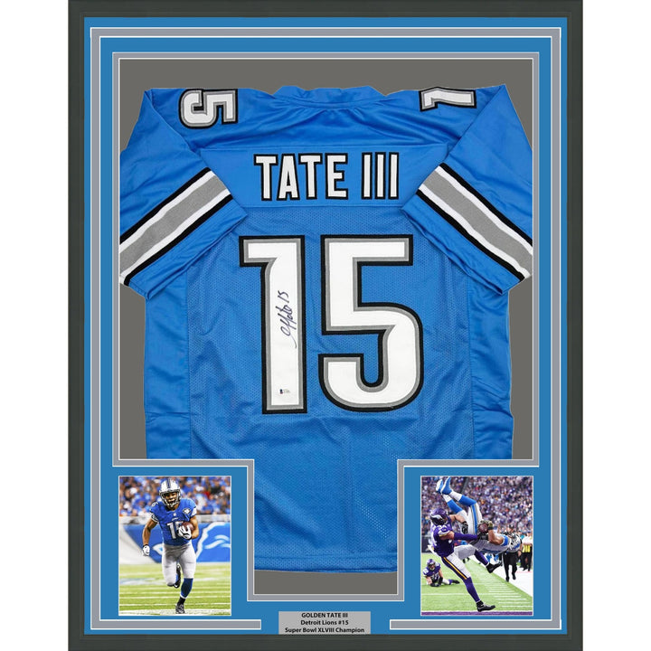 Framed Autographed/Signed Golden Tate 35x39 Detroit Blue Jersey Beckett COA