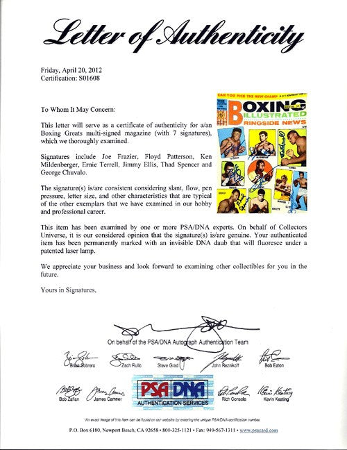 Boxing Greats Auto Illustrated Magazine Cover 7 Sig Joe Frazier, Patterson PSA