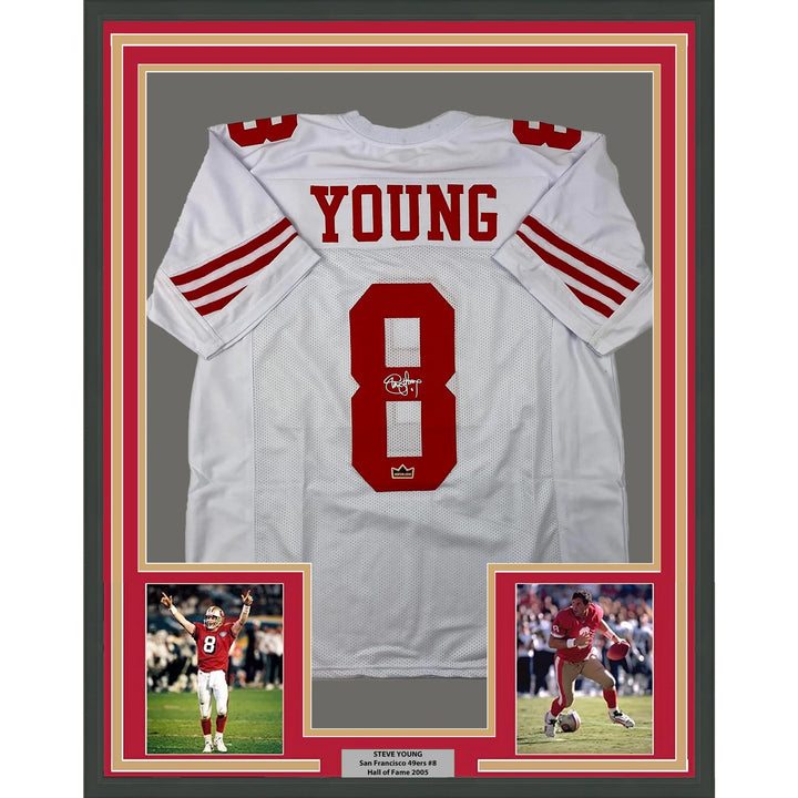 Framed Facsimile Autographed Steve Young 33x42 White Reprint Laser Auto Jersey