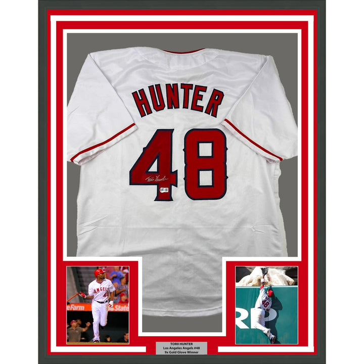 Framed Autographed/Signed Torii Hunter 33x42 Los Angeles White Jersey COA