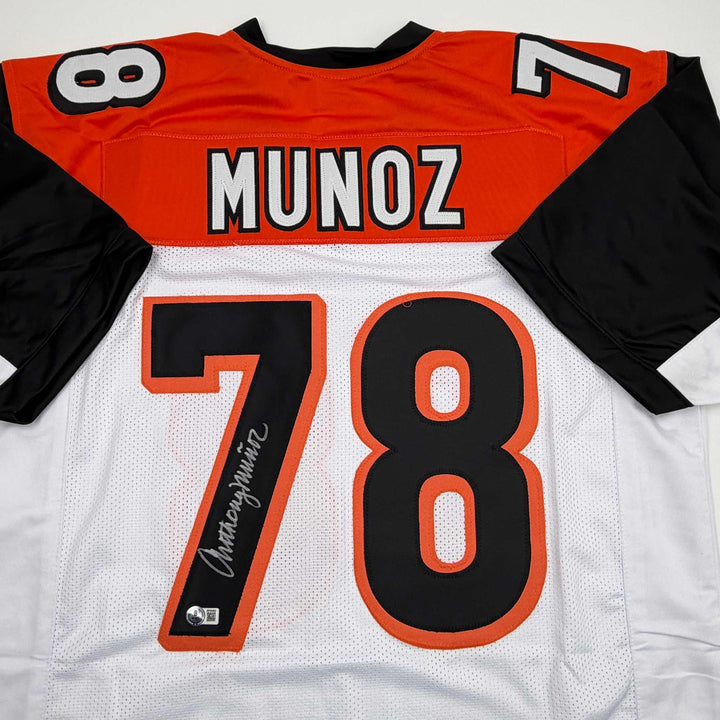 Autographed/Signed Anthony Munoz Cincinnati White Football Jersey Beckett BAS CO