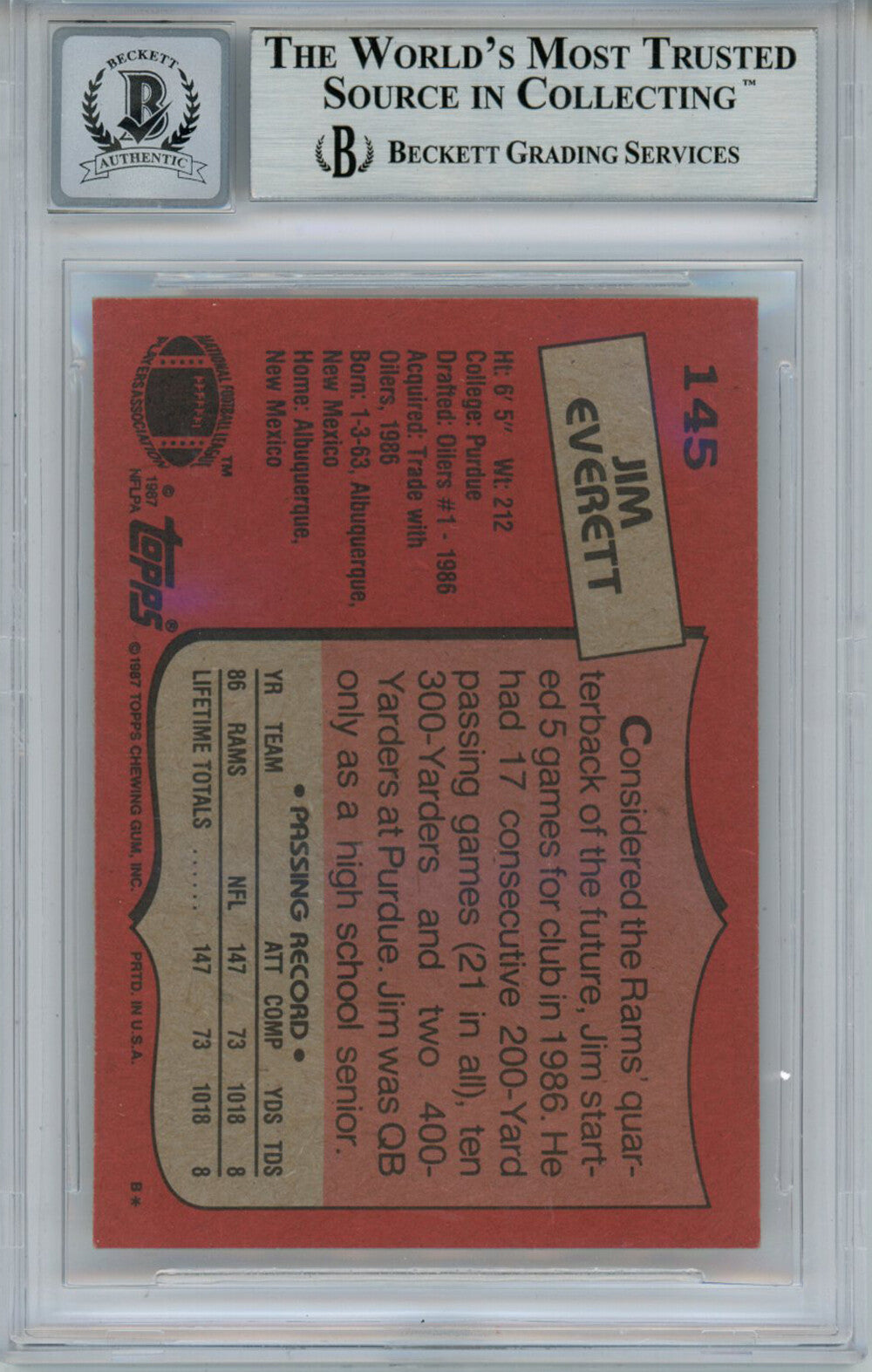 Jim Everett Autographed 1987 Topps #145 Rookie Card Beckett 10 Slab 35008