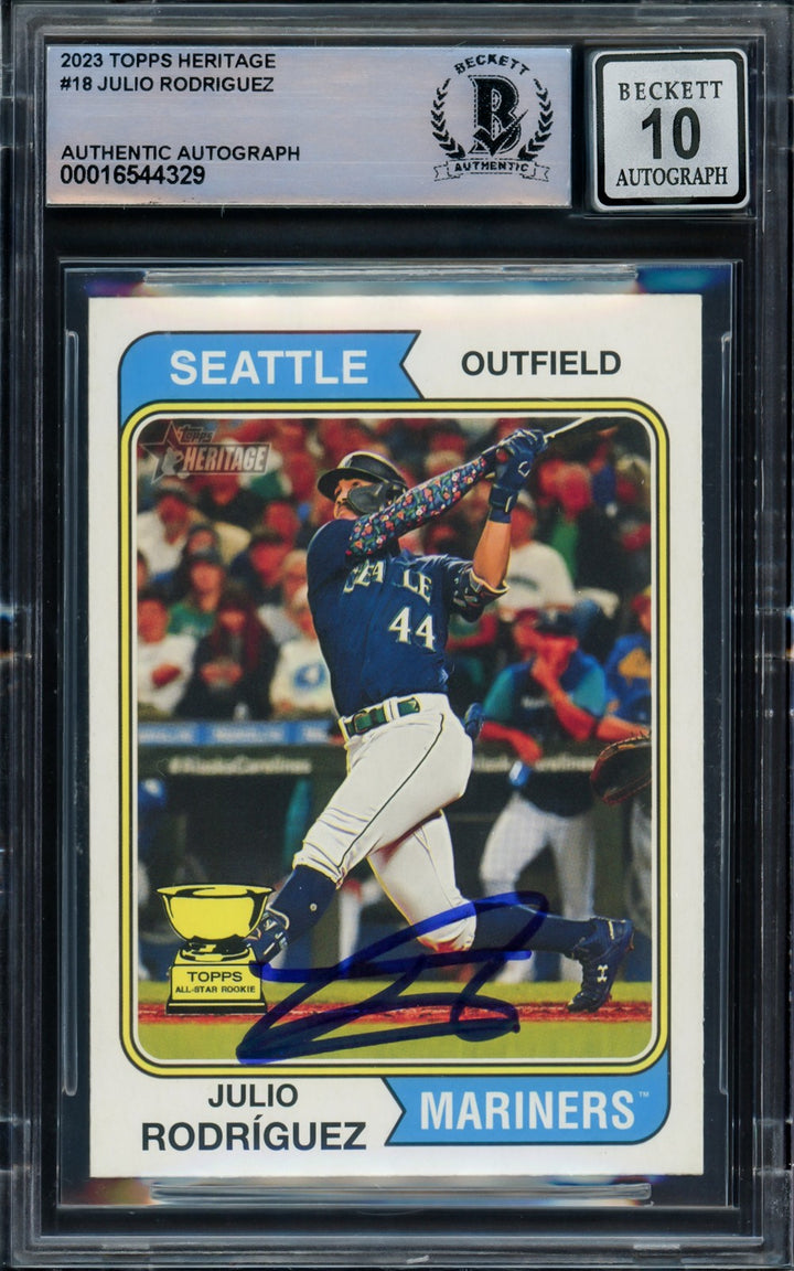 Julio Rodriguez Signed 2023 Topps Heritage Card 18 Mariners Auto GM 10 Beckett