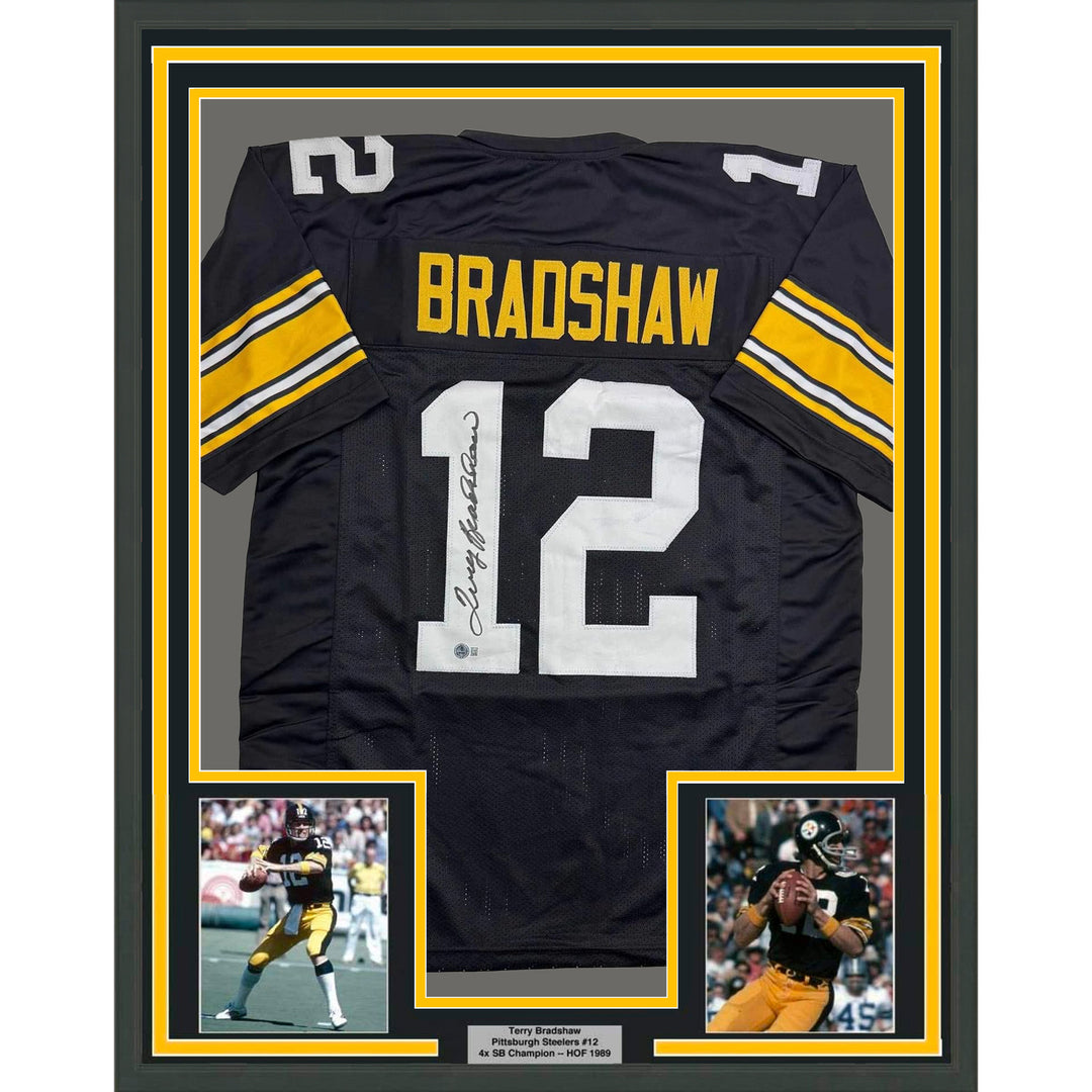 Framed Autographed/Signed Terry Bradshaw 35x39 Pittsburgh Black Jersey BAS COA