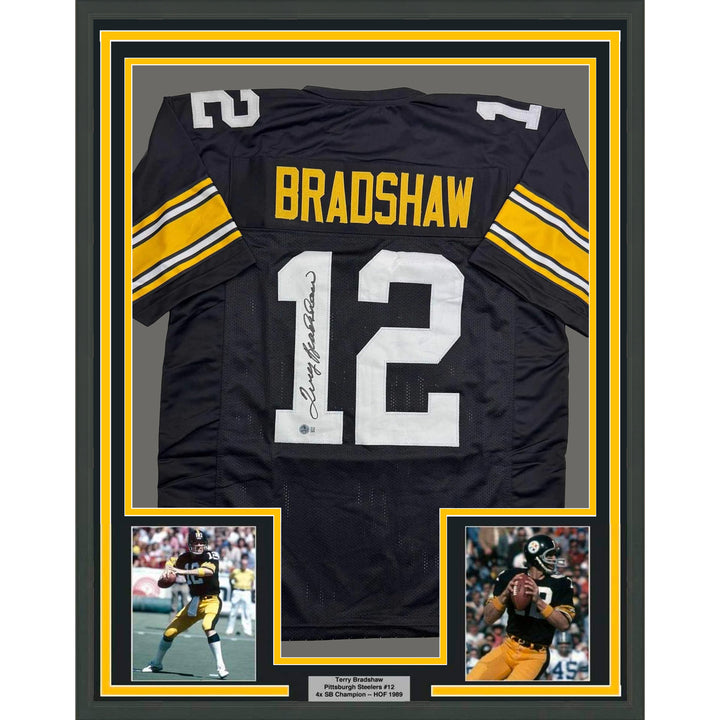 Framed Autographed/Signed Terry Bradshaw 35x39 Pittsburgh Black Jersey BAS COA