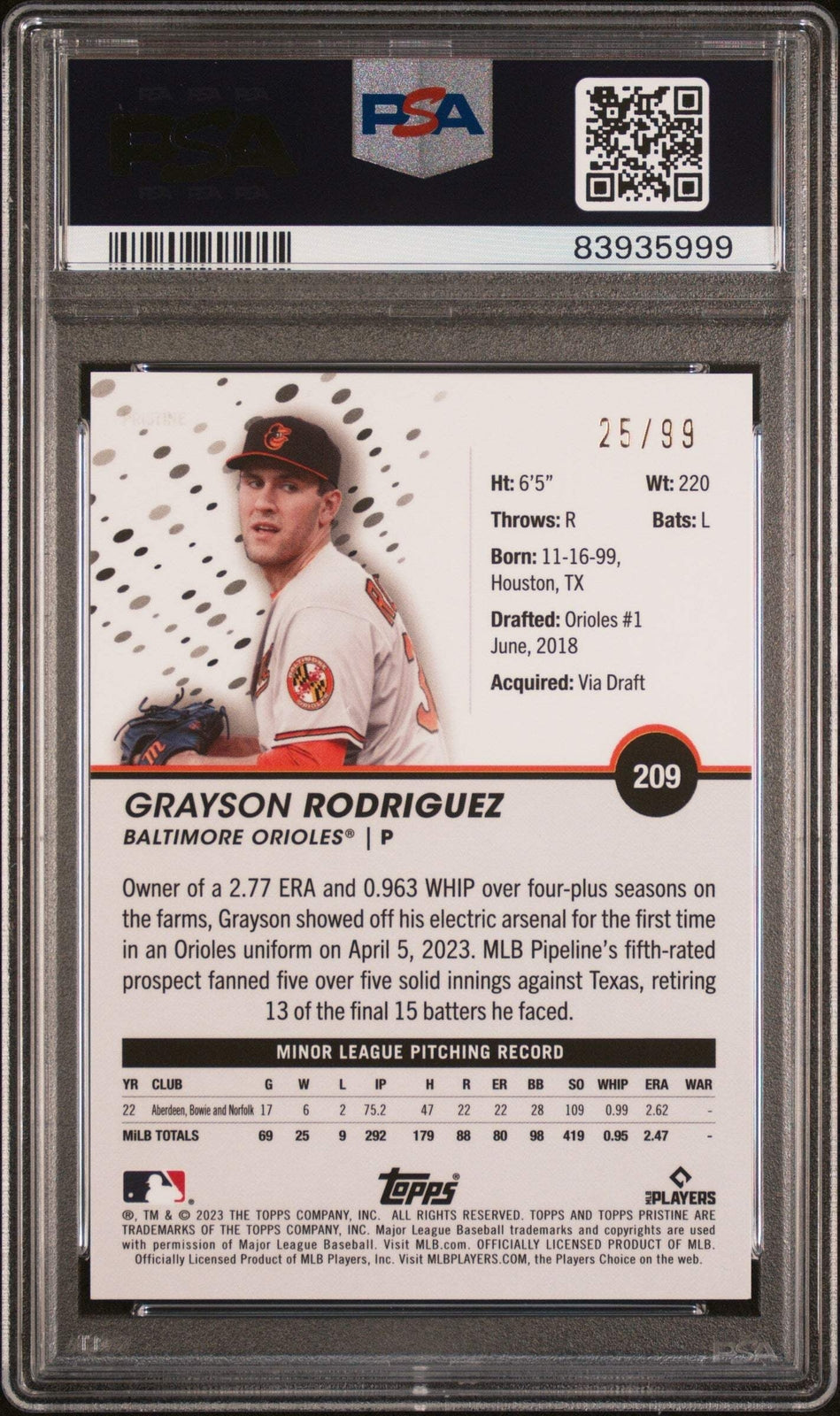 Graded 2023 Pristine Grayson Rodriguez #209 Purple #/99 RC Baseball Card PSA 10