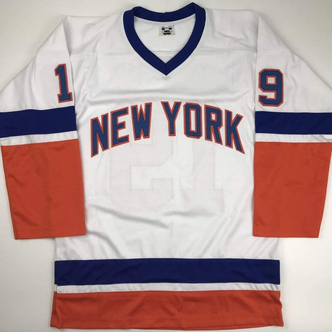 Autographed/Signed Bryan Trottier HOF 97 New York White Jersey JSA COA