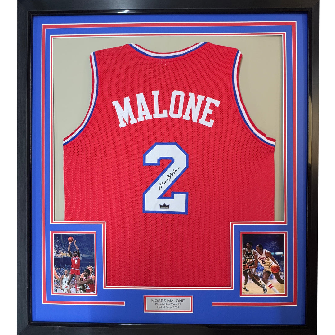 Framed Facsimile Autographed Moses Malone 33x42 Red Reprint Laser Auto Jersey