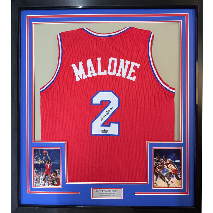 Framed Facsimile Autographed Moses Malone 33x42 Red Reprint Laser Auto Jersey