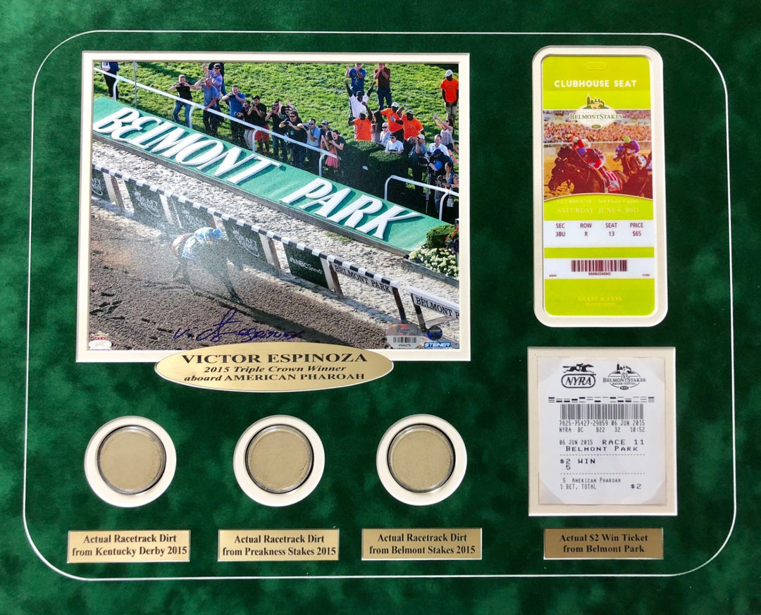 Victor Espinoza Triple Crown Framed Signed 8x10 Photo w/ Race Used Dirt Ticket