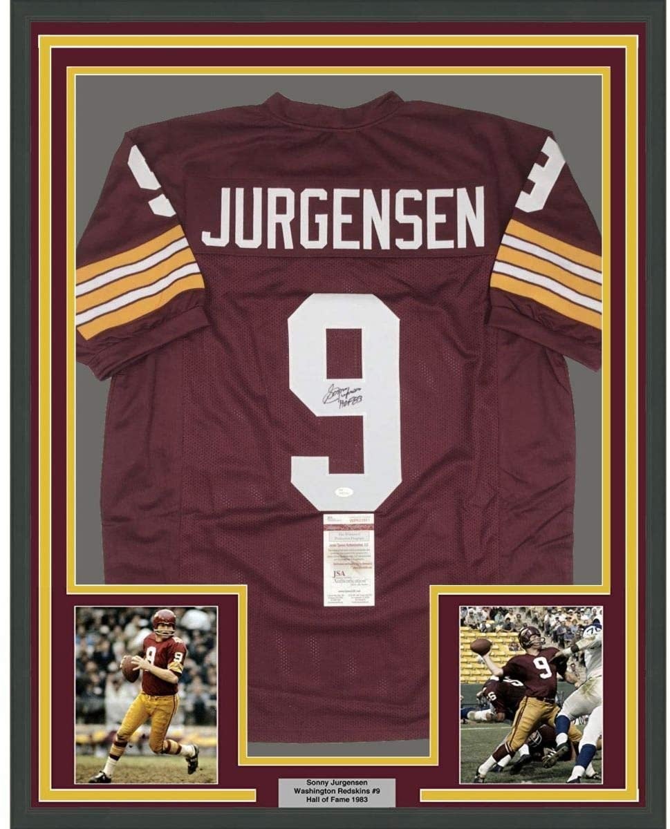 Framed Autographed Sonny Jurgensen HOF 83 35x39 Burgundy Jersey JSA COA