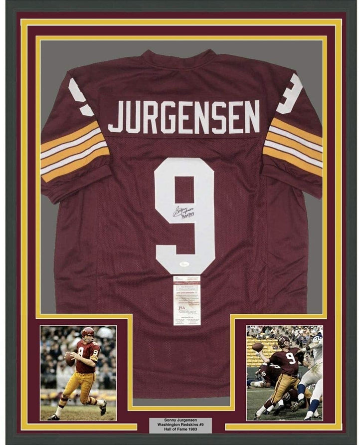 Framed Autographed Sonny Jurgensen HOF 83 35x39 Burgundy Jersey JSA COA