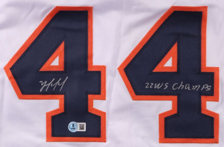 Yordan Alvarez Houston Signed White Baseball Jersey 22 WS Champs BAS
