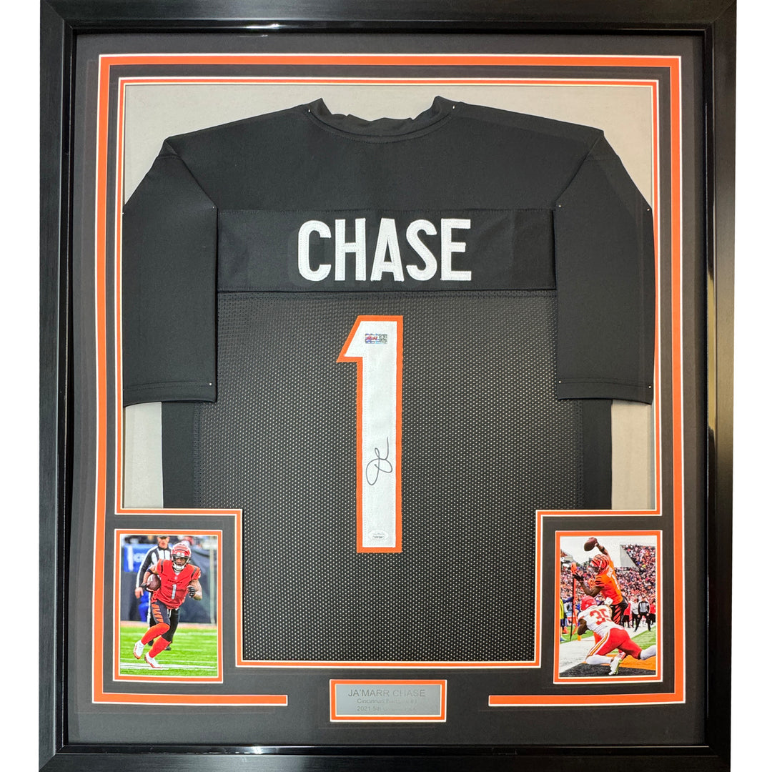 Framed Autographed/Signed Ja'Marr Chase 35x39 Cincinnati Black Jersey JSA COA