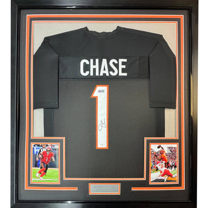 Framed Autographed/Signed Ja'Marr Chase 35x39 Cincinnati Black Jersey JSA COA