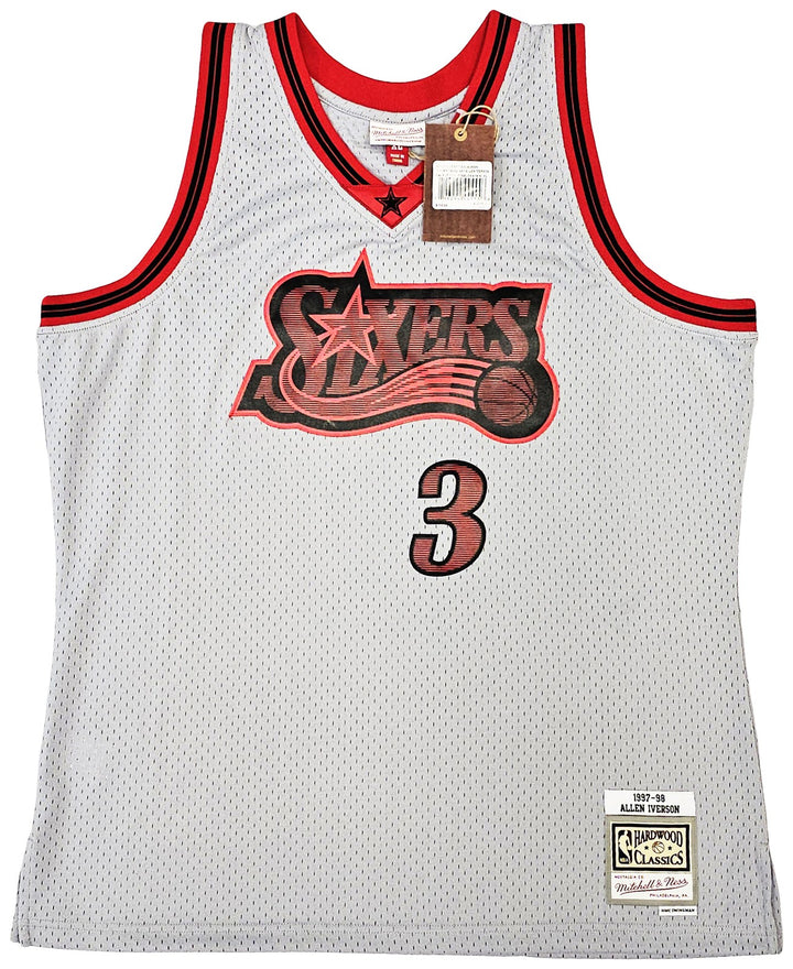 76ers Allen Iverson Auto Grey Auth Mitchell Ness 97 HWC Swingman Jersey XL BAS