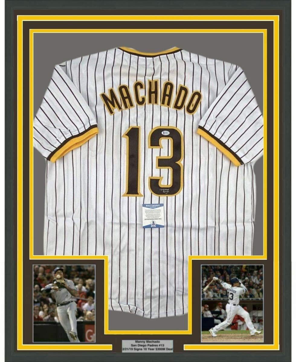 FRAMED Signed MANNY MACHADO 35x39 San Diego Pinstripe Jersey COA