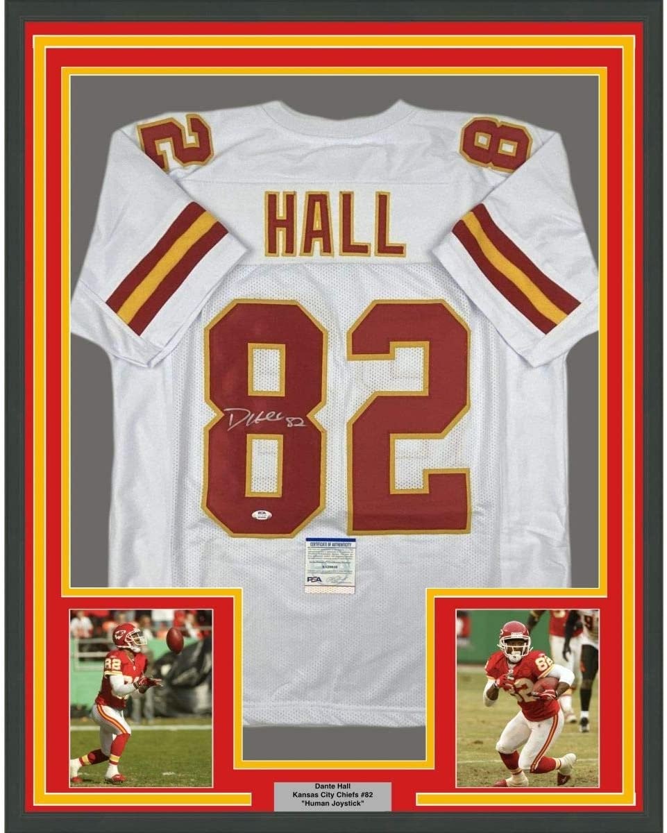 Framed Autographed/Signed Dante Hall 35x39 Kansas City White Jersey PSA COA