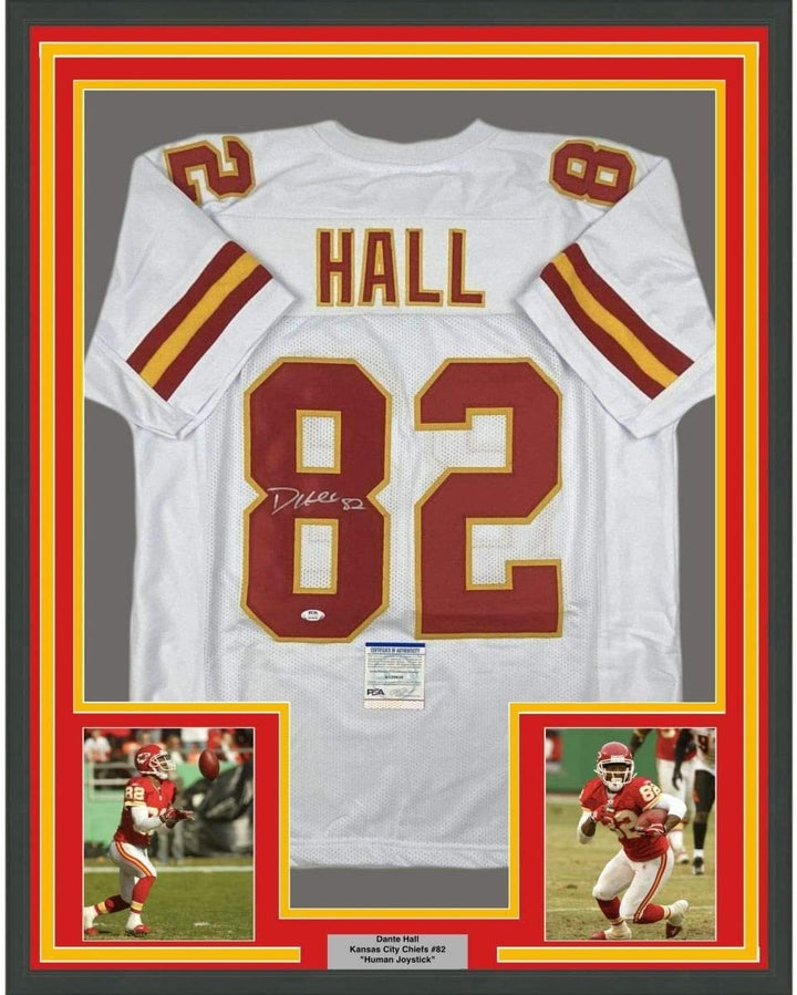 Framed Autographed/Signed Dante Hall 35x39 Kansas City White Jersey PSA COA