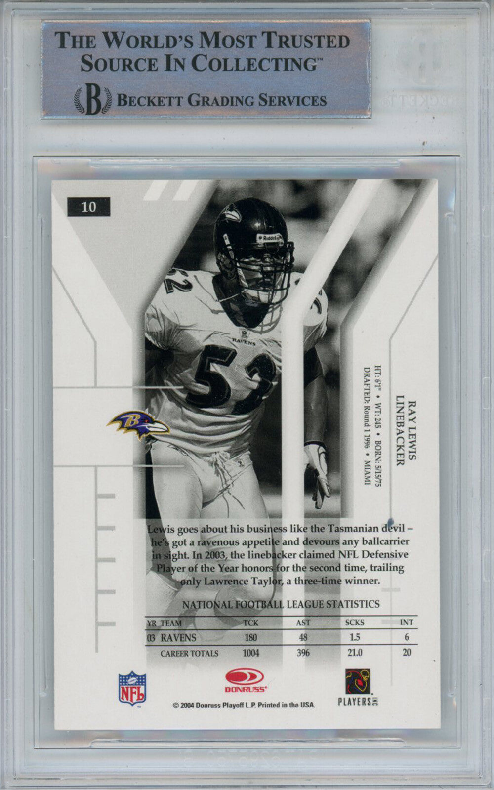Ray Lewis Autographed 2004 Donruss Elite #10 Trading Card Beckett Slab 43380