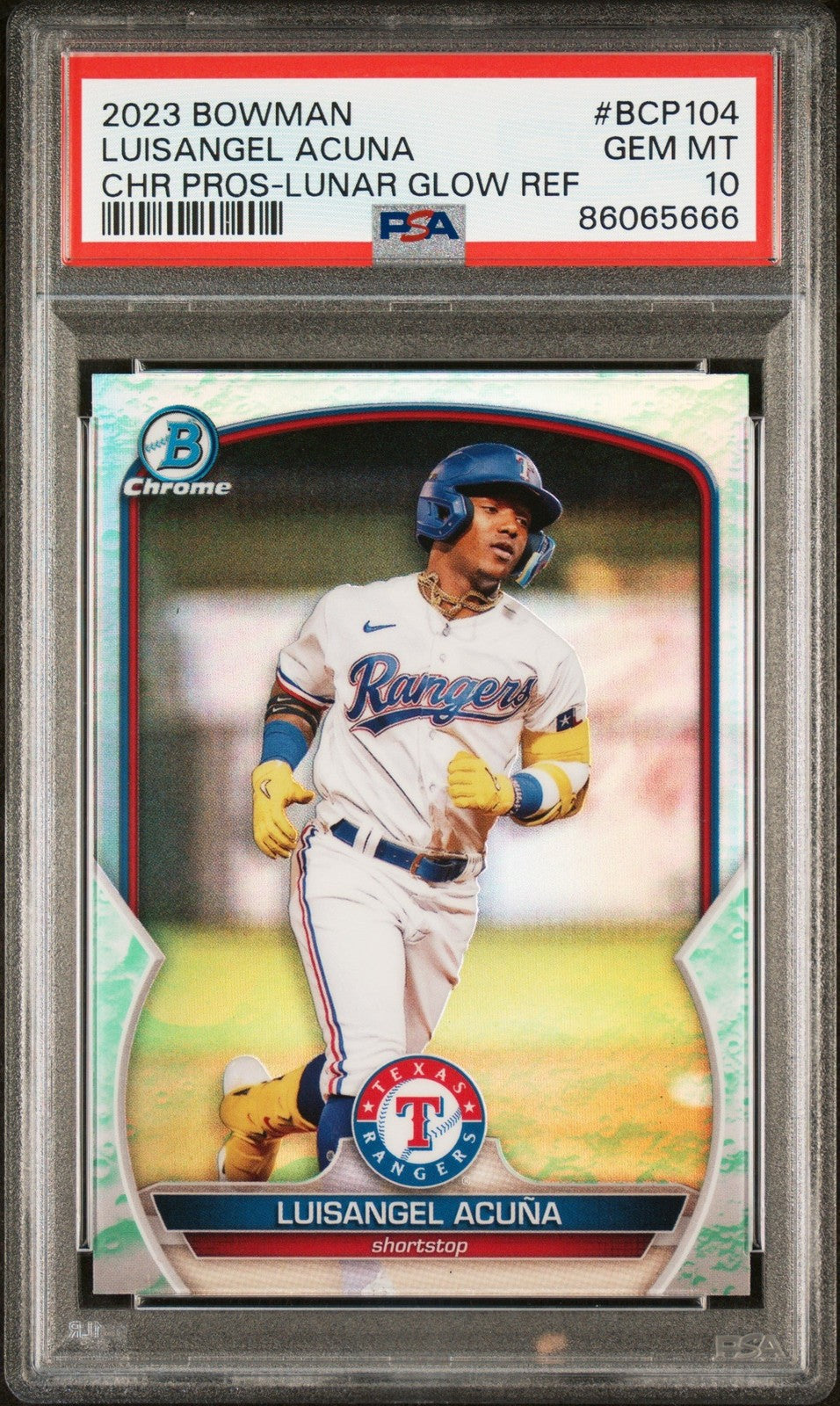 Graded 2023 Bowman Luisangel Acuna #BCP104 Lunar Glow REF Card PSA 10