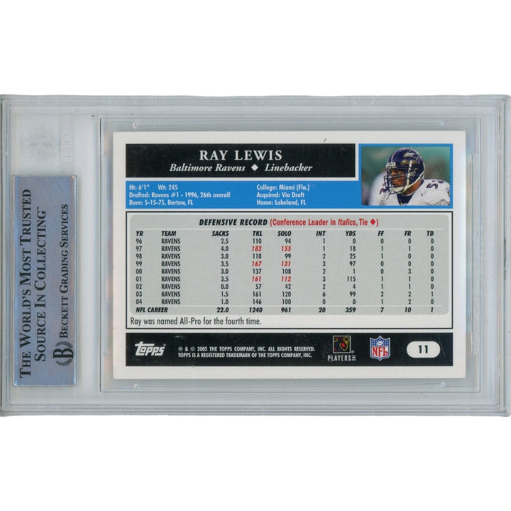 Ray Lewis Autographed/Signed 2005 Topps 11 Slabbed Trading Card Beckett 47930