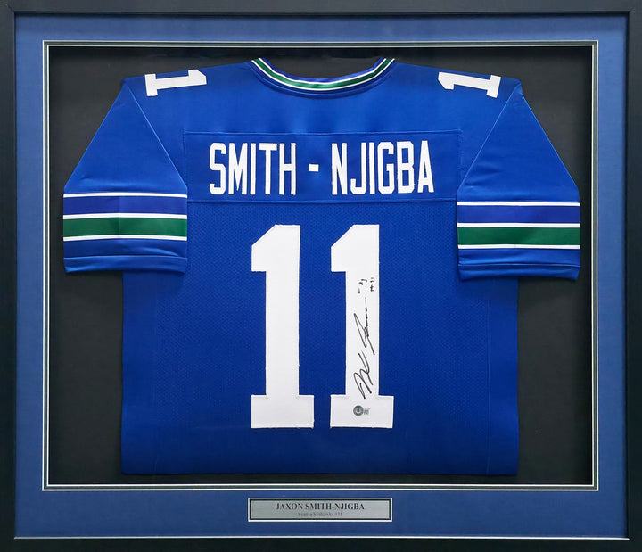 Jaxon Smith-Njigba Signed Framed Seahawks Blue Jersey Beckett BAS