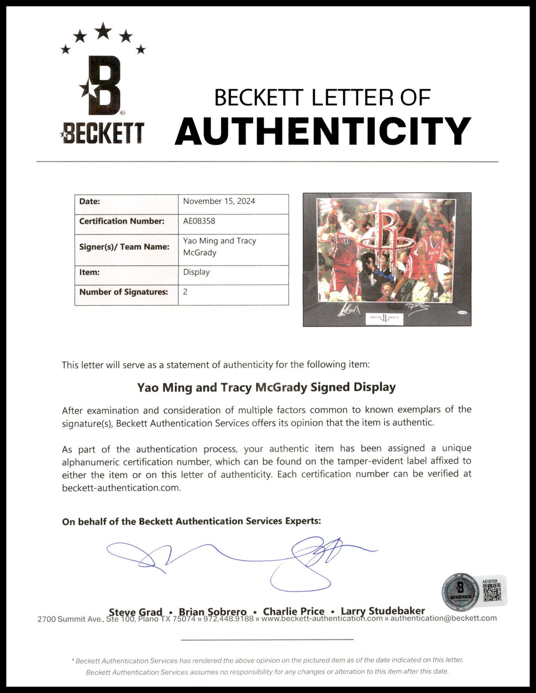Yao Ming & Tracy McGrady Auto Framed 10x13 Photo Art Display Rockets UDA Beckett