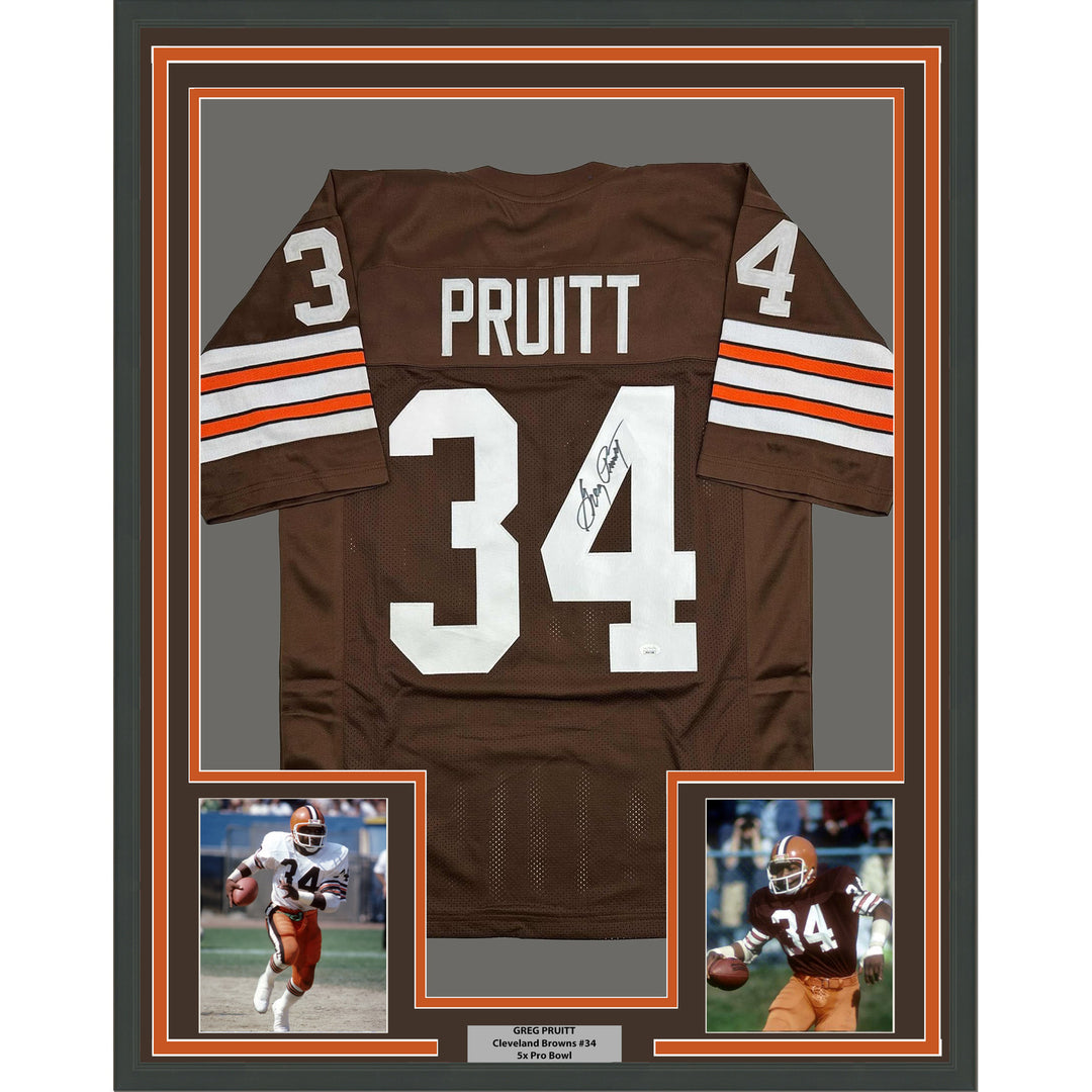 Framed Autographed/Signed Greg Pruitt 35x39 Cleveland Brown Jersey JSA COA