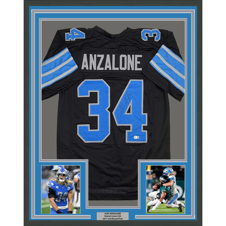 Framed Autographed/Signed Alex Anzalone 35x39 Detroit Black Jersey Beckett COA