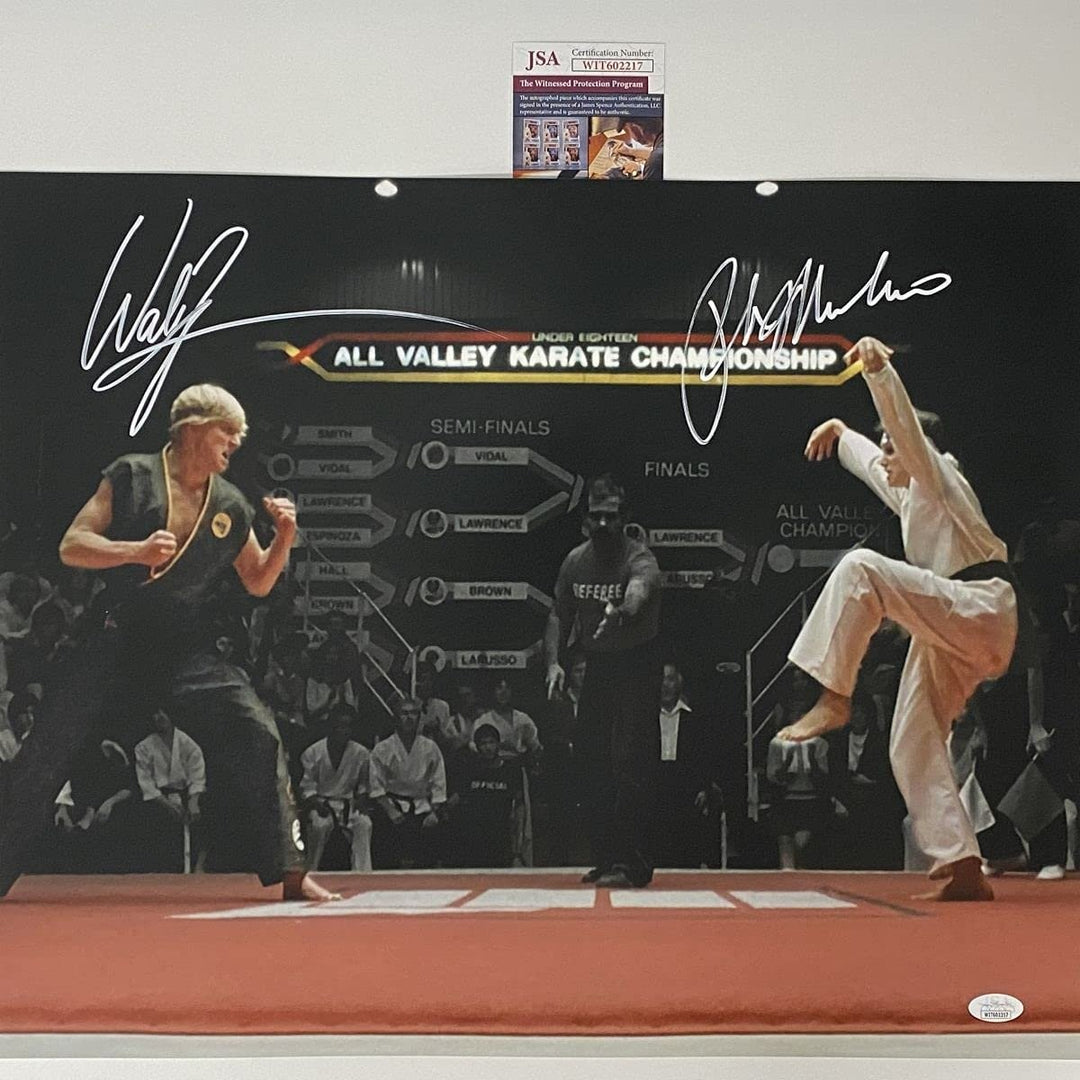 Autographed/Signed WILLIAM ZABKA & RALPH MACCHIO Karate 16x20 Photo JSA COA