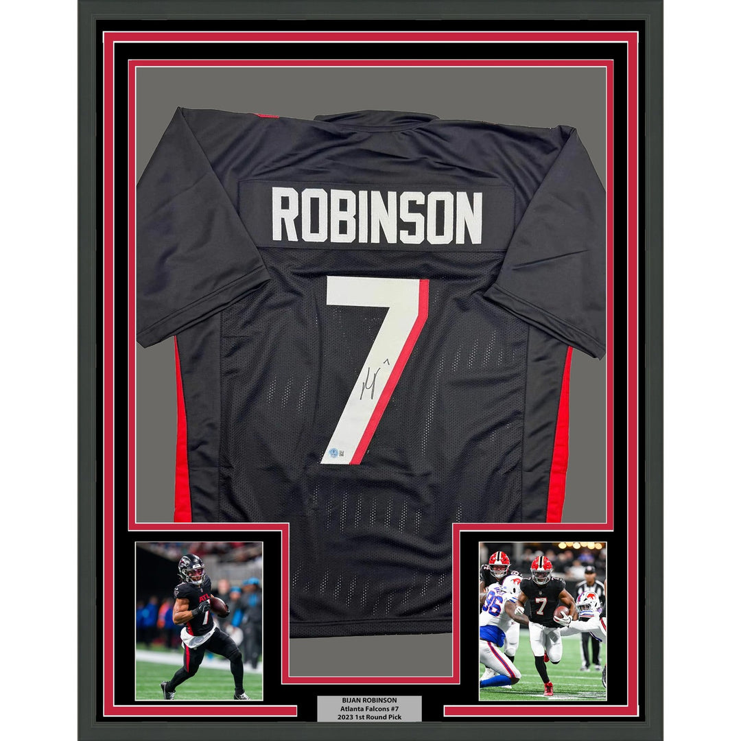 Framed Autographed/Signed Bijan Robinson 35x39 Atlanta Black Jersey BAS COA
