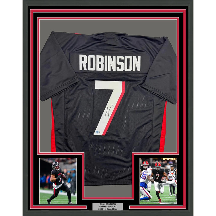Framed Autographed/Signed Bijan Robinson 35x39 Atlanta Black Jersey BAS COA