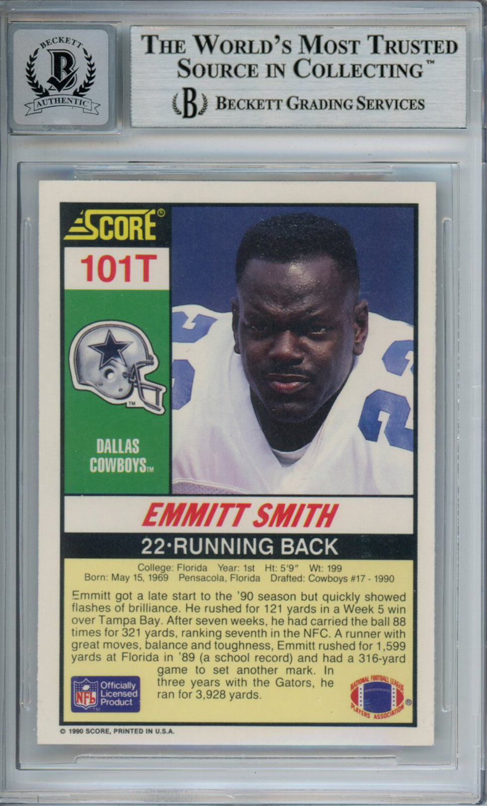 Emmitt Smith Autographed 1990 Score #101T Rookie Card HOF Beckett Slab 37608