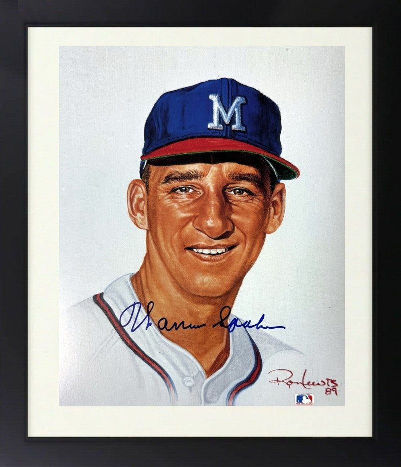 Warren Spahn signed Braves Ron Lewis 89 MLB 8x10 Photo imperfect Framed- COA HOF