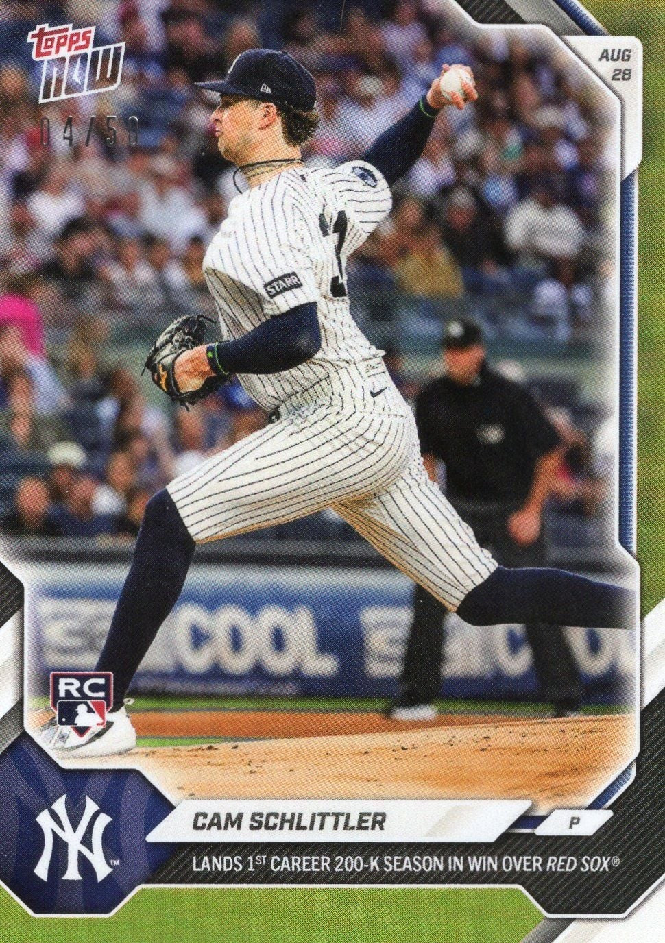 2026 Topps Now Cam Schlittler #608 Gold Foil /50 Rookie RC Baseball Card
