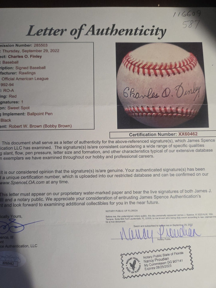 Charles Finley JSA LOA Autograph American League OAL Signed Baseball