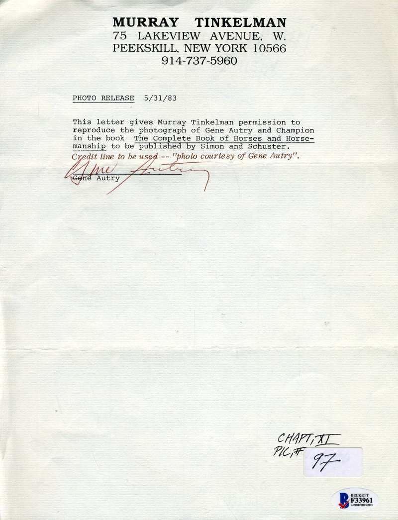 Gene Autry Bas Beckett Coa Autograph Contract Hand Signed