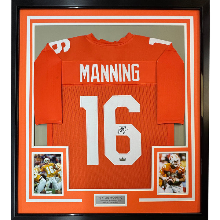 Framed Facsimile Autographed Peyton Manning 33x42 Orange Reprint Laser Jersey
